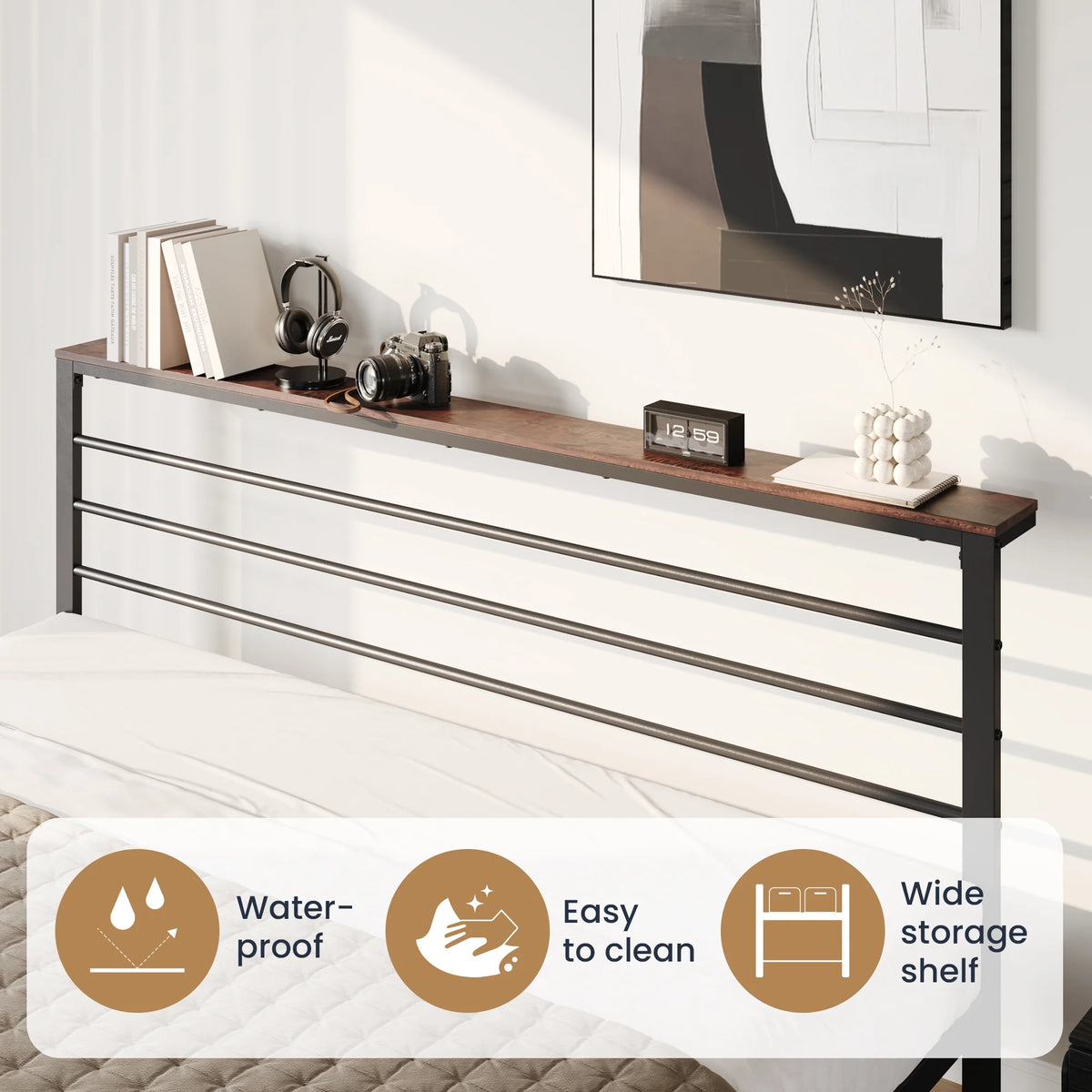 Queen Size Metal Platform Bed Frame with Shelf Headboard Z117416