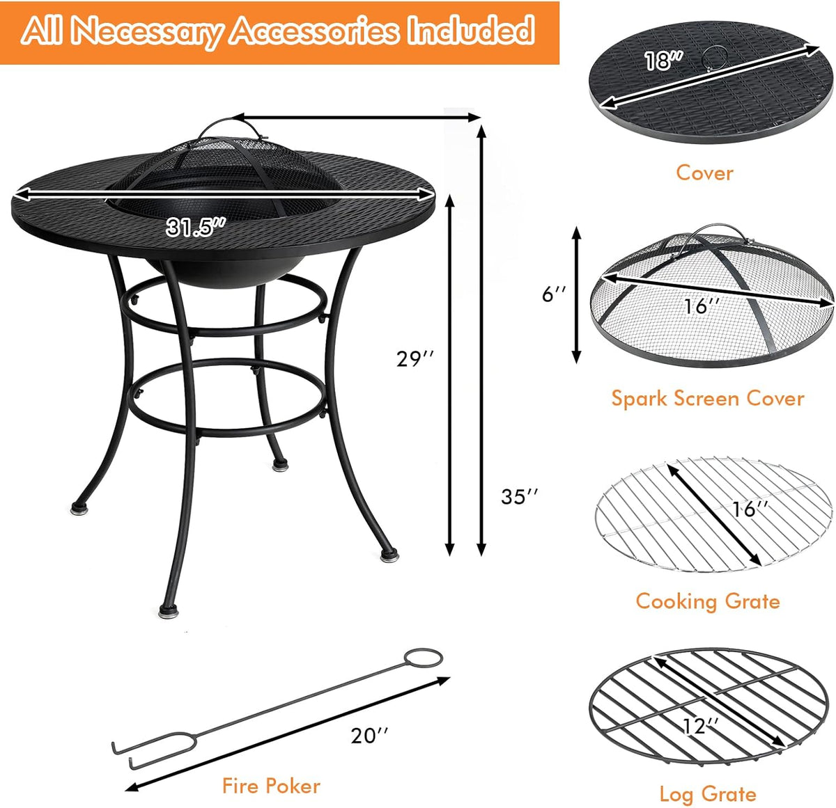 32 Inch Metal Wood Burning Fire Pit with Cover and Grill Grate L4658