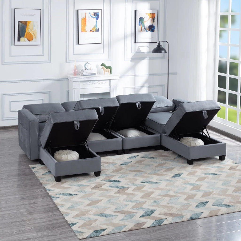 Dark gray Velvet Square Arm Sectional Sofa H24172
