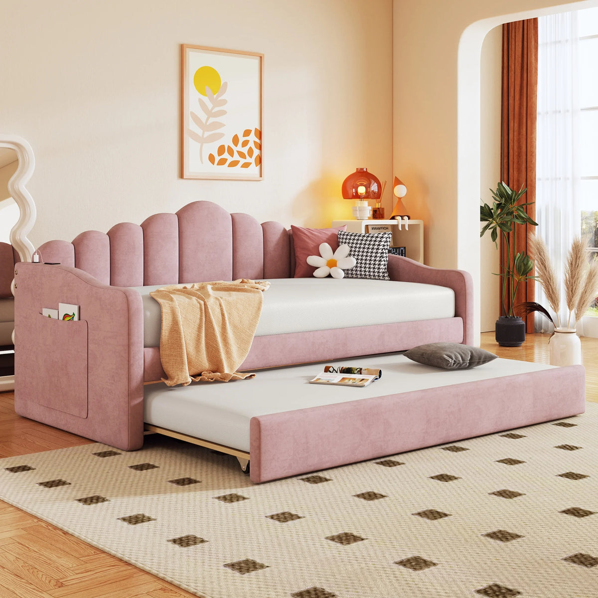 Twin Size Velvet Upholstered Daybed with Trundle and USB Charging Ports C3064