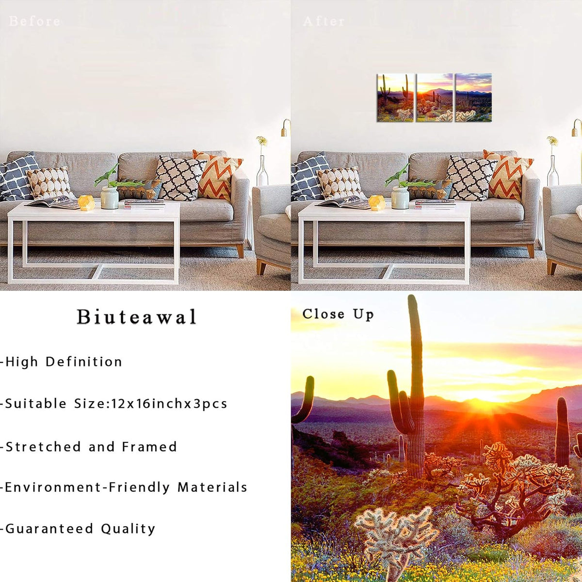 3 Piece Saguaro Cactus Canvas Wall Art Sunset at Arizona Sonoran Desert Landscape Painting Print F5463