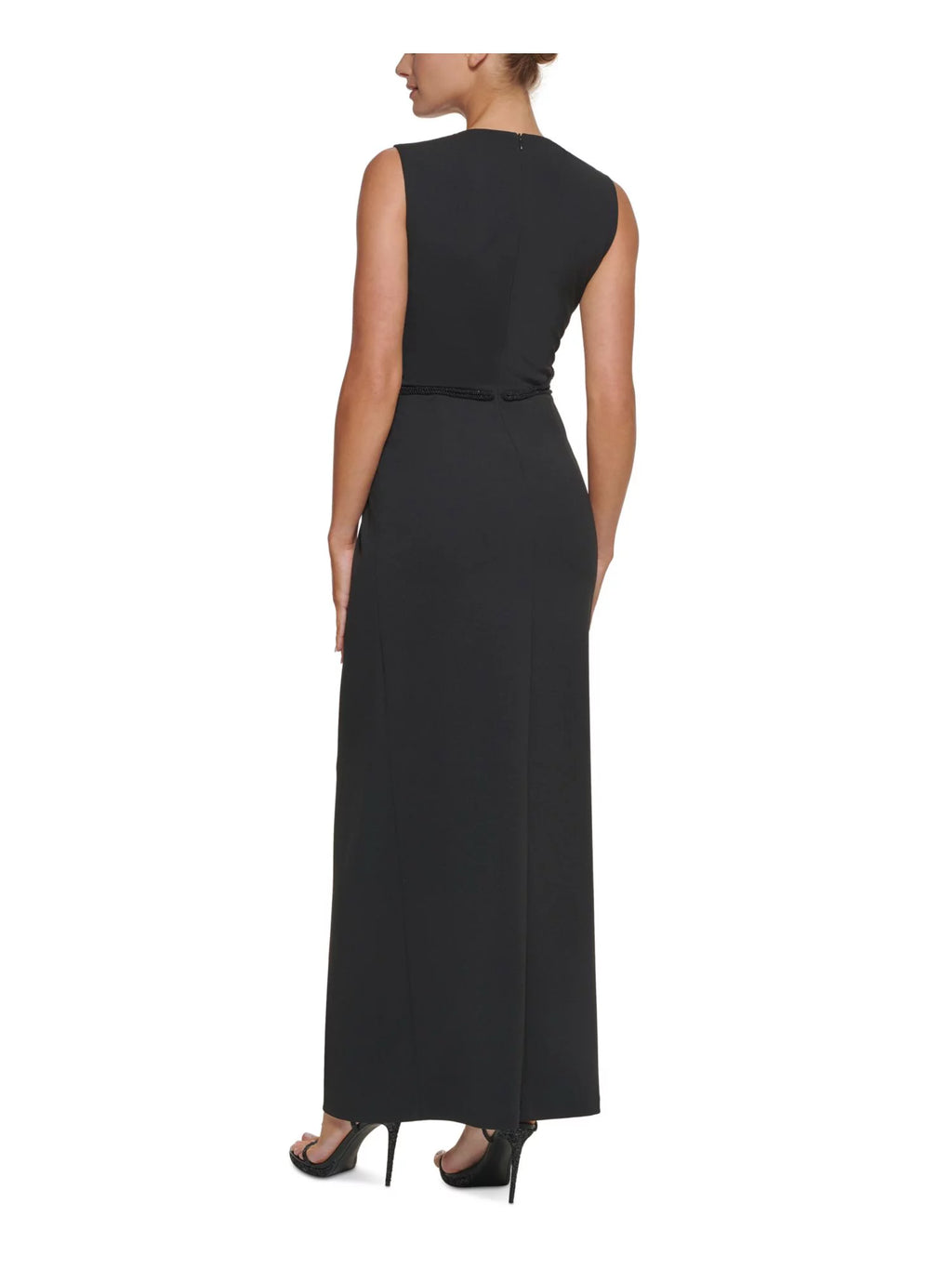 Black Stretch Beaded Zippered Back Slit Lined Sleeveless Round Neck Full-Length Formal Gown Dress O5349