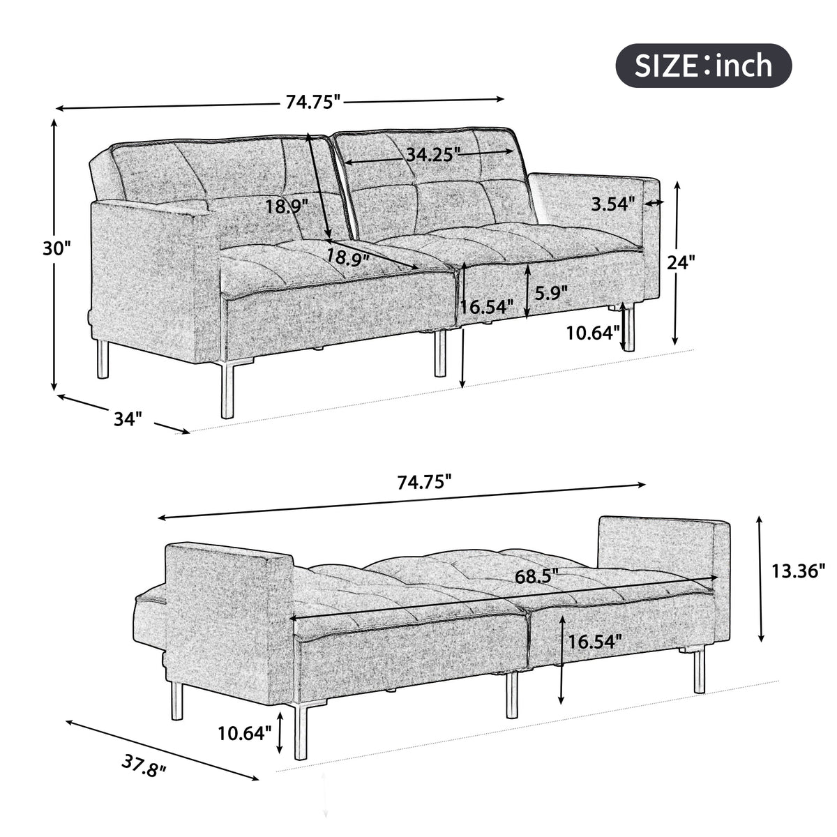 75" W Sectional Sofa Convertible Folding Futon Sofa Bed 3 Seat Couch with Linen Fabric P558