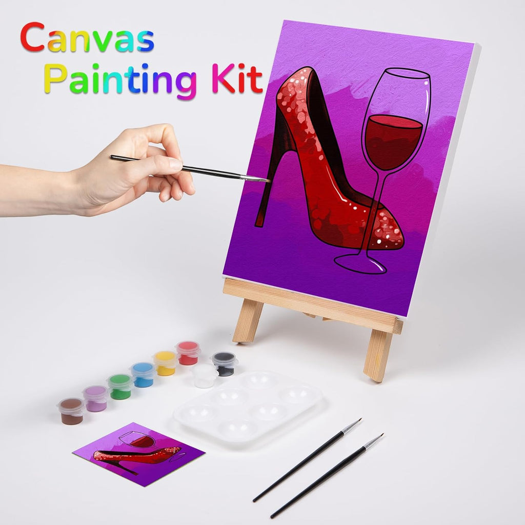 Pre Drawn Canvas Painting Kit with 1 Easel, 8 Acrylic Colors, 3 Brush, 1 Pallet (8x10) S847526