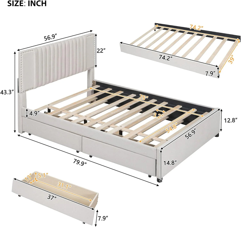 Beige Full Size Upholstered Platform Bed with 2 Drawers P8996
