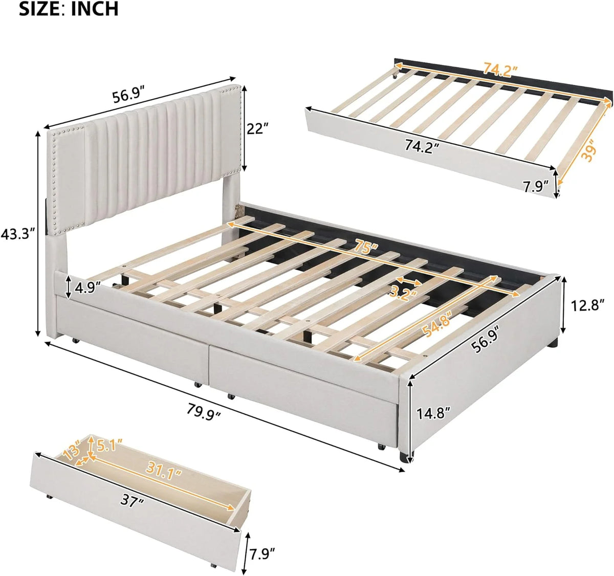 Beige Full Size Upholstered Platform Bed with 2 Drawers P8996