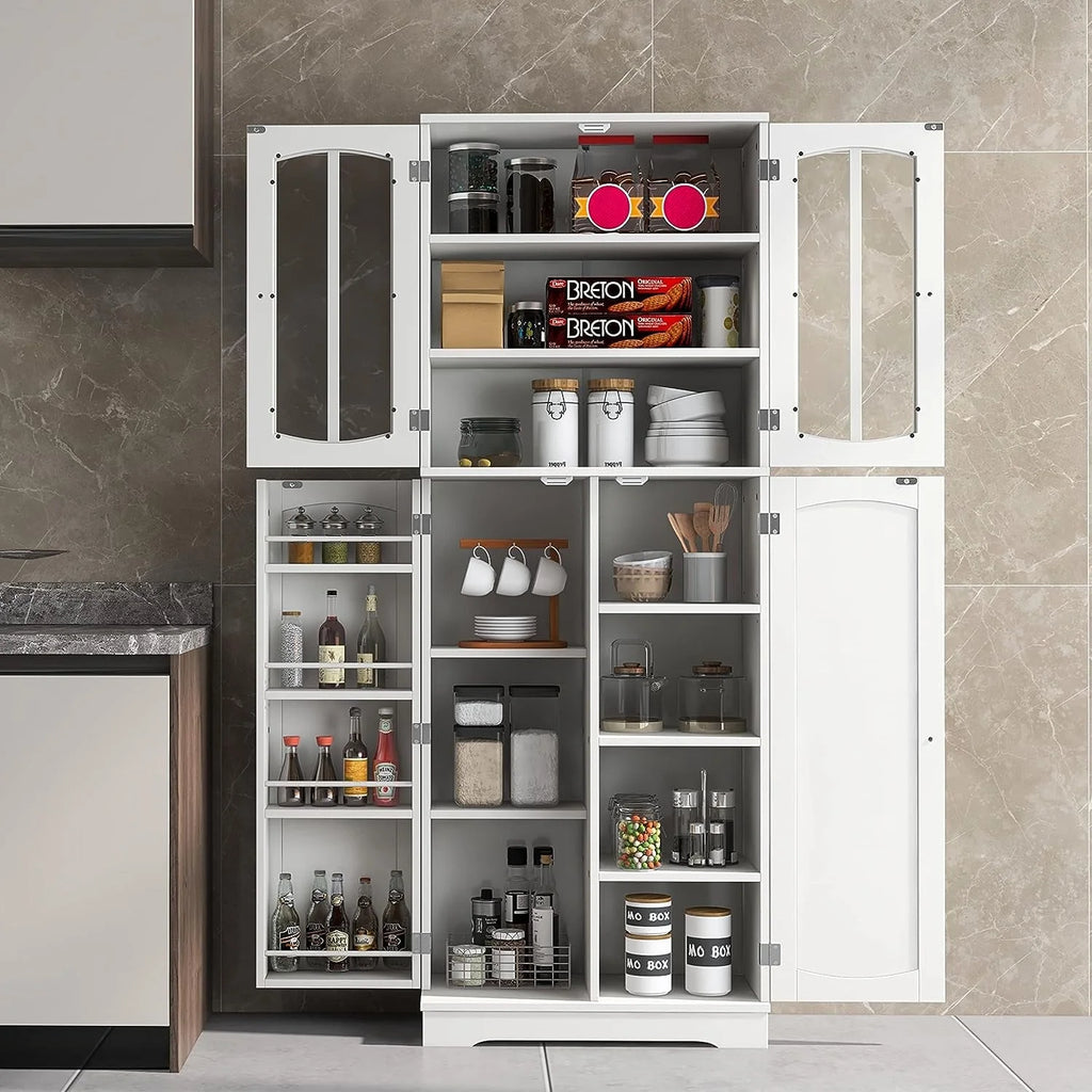 White Wood Kitchen Pantry Storage Cabinet with Doors and Shelves M26442