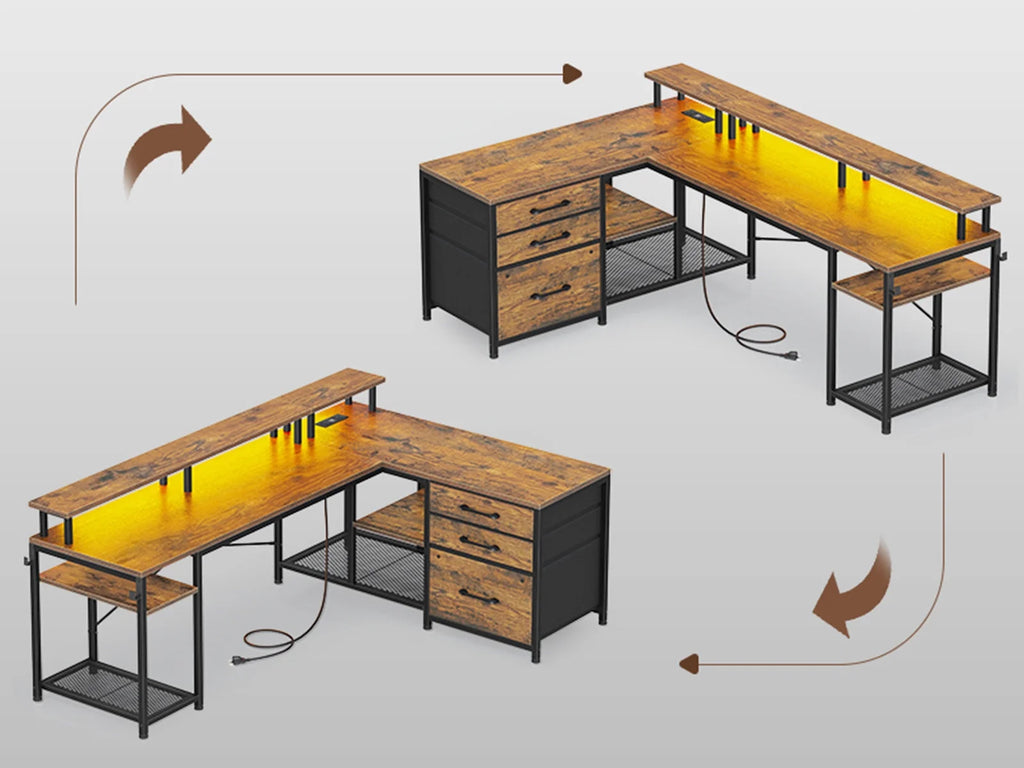 L Shaped Computer Desk with LED Lights and Power Outlet H407823