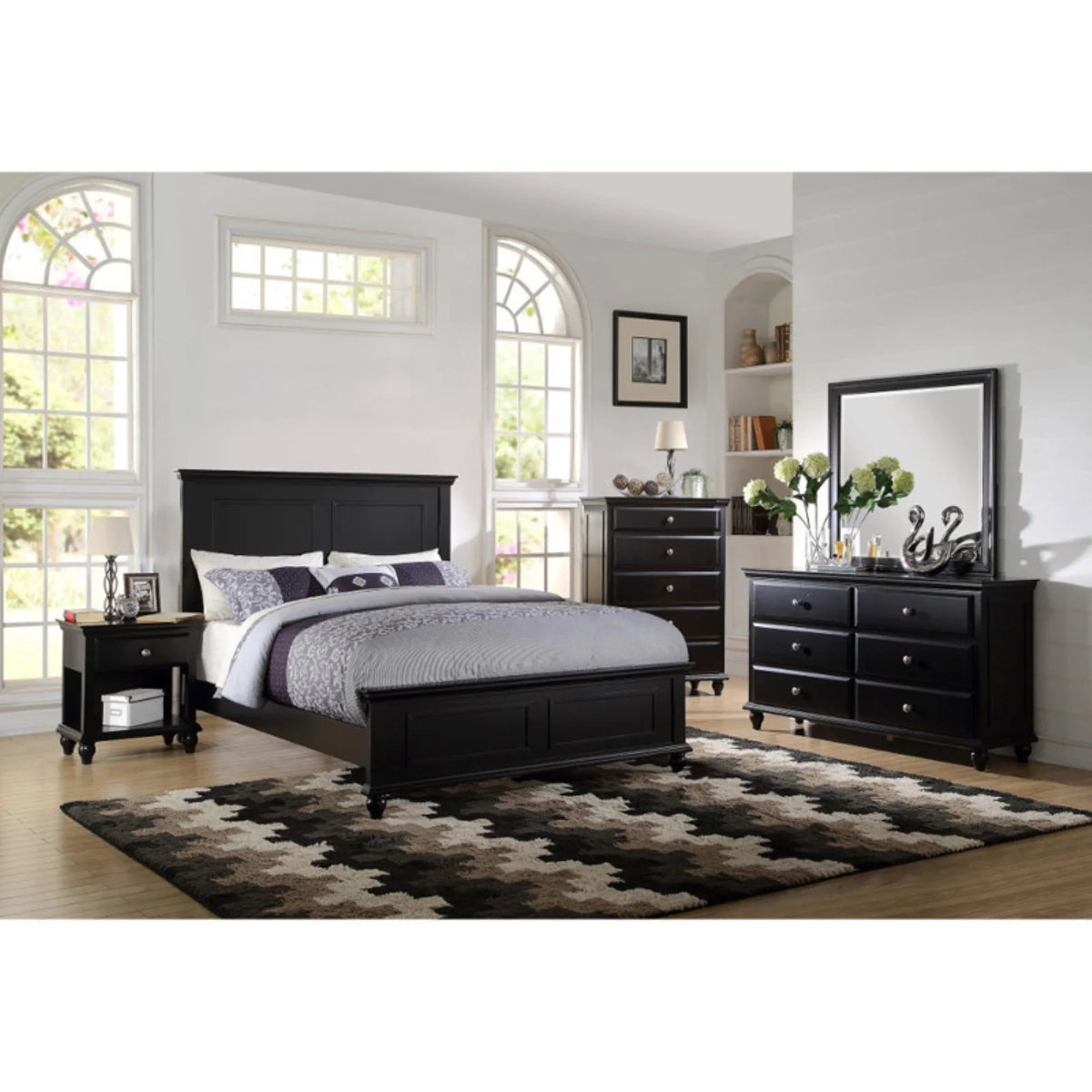 King Wooden Bed Dark Walnut Veneer White B117221