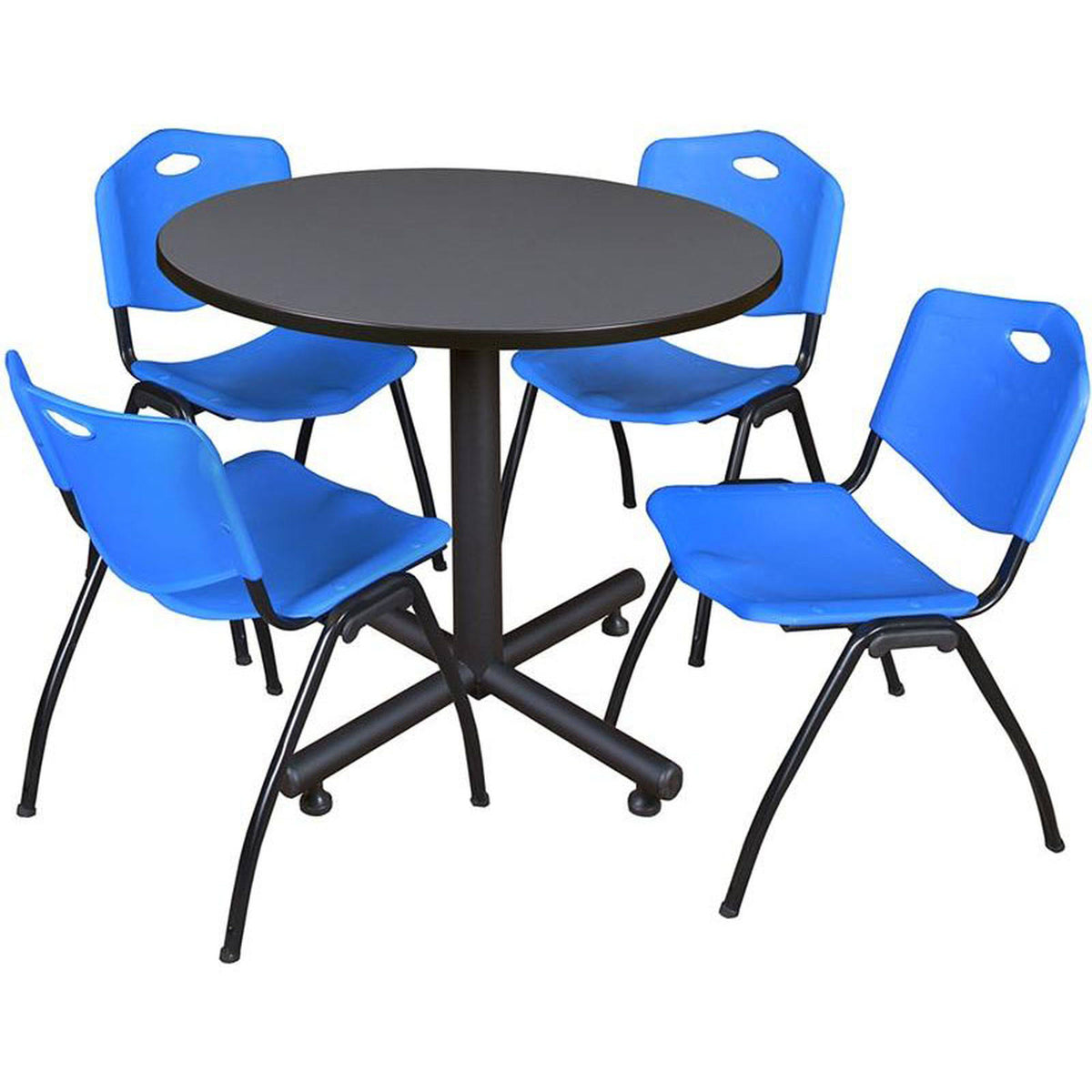 42x22 Round Breakroom Table Grey & 4 Stack Chairs Blue N81577