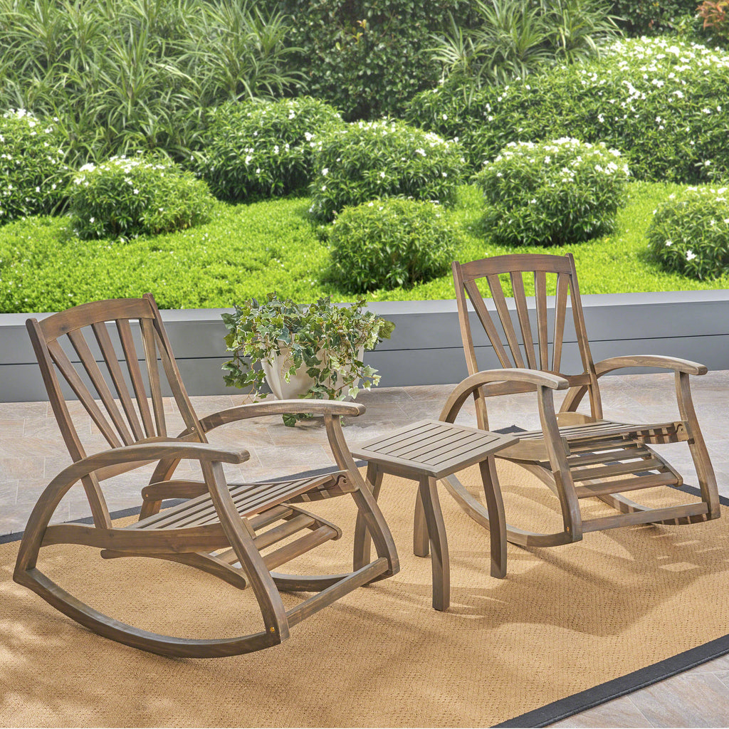 Rustic Acacia Wood Recliner Rocking Chair with Side Table D2410