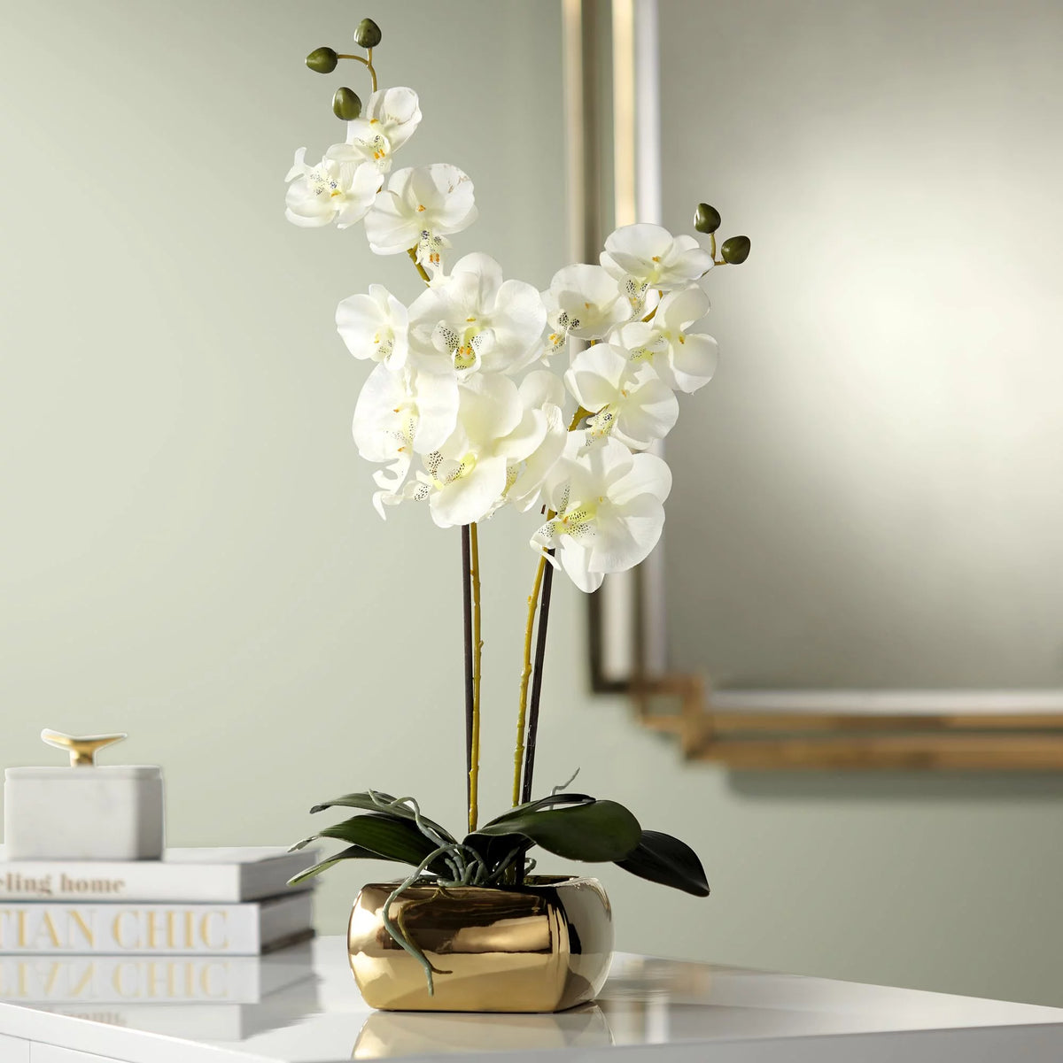 White Artificial Orchid in Gold Ceramic Pot 22" V976