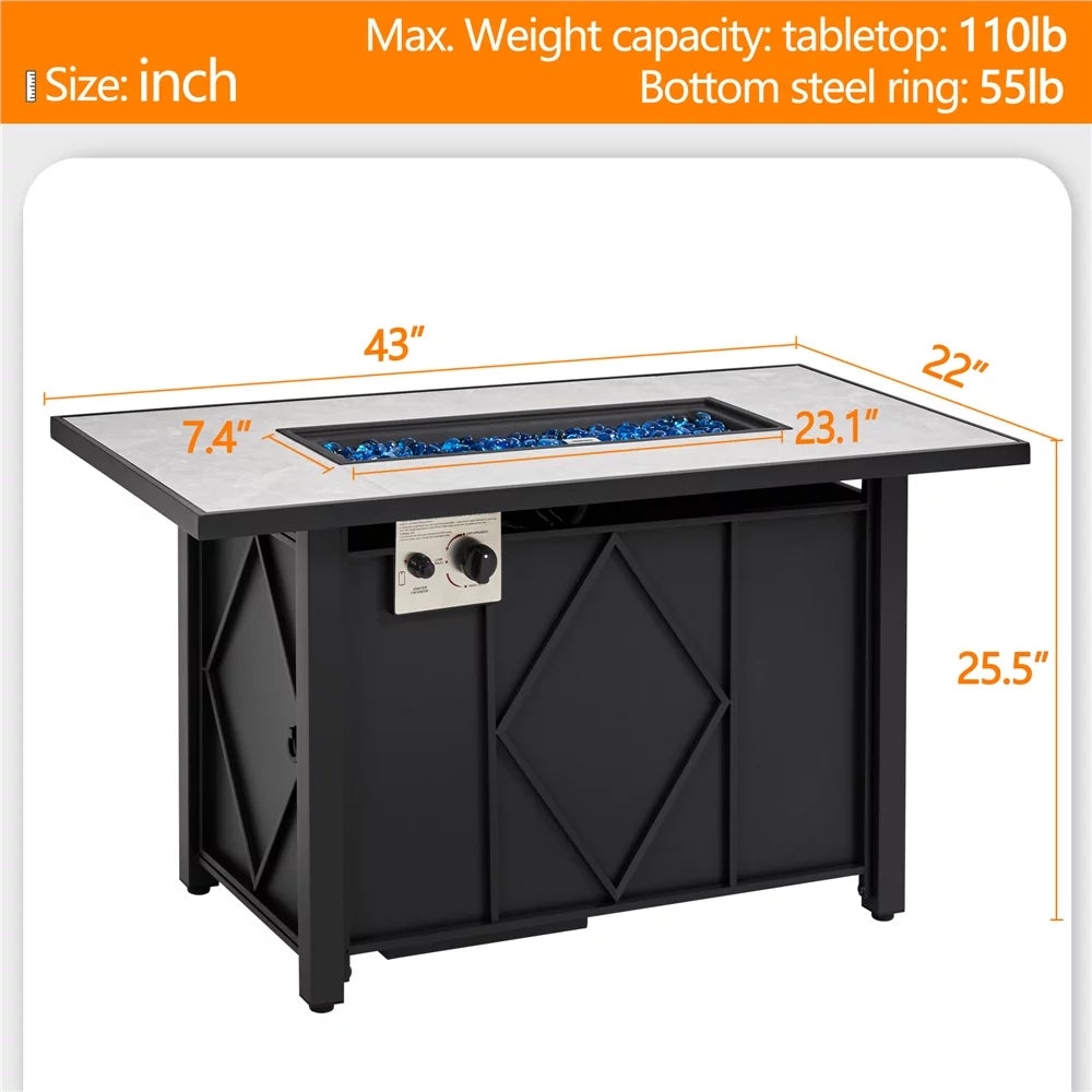 43in Propane Fire Pit Table with Ceramic Tabletop & Steel Base, Black E1001