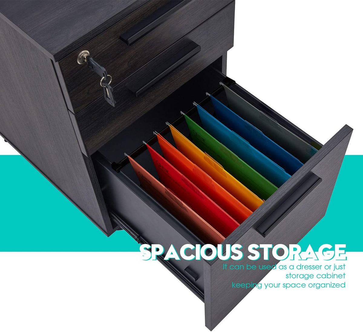 3 Drawer Mobile File Cabinet with Lock Wood Pedestal Filing Storage, Dark Walnut I3961