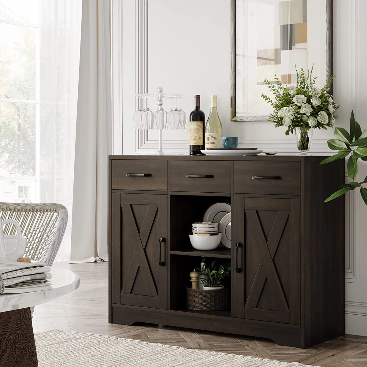 Dark Brown Wood Buffet Storage Cabinet with Barn Doors O343