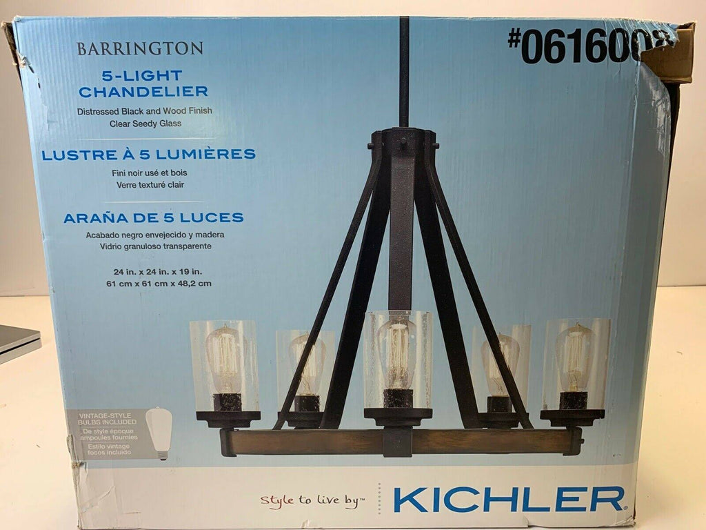 5-Light Distressed Black Wood Tone Rustic Clear Glass Chandelier L264