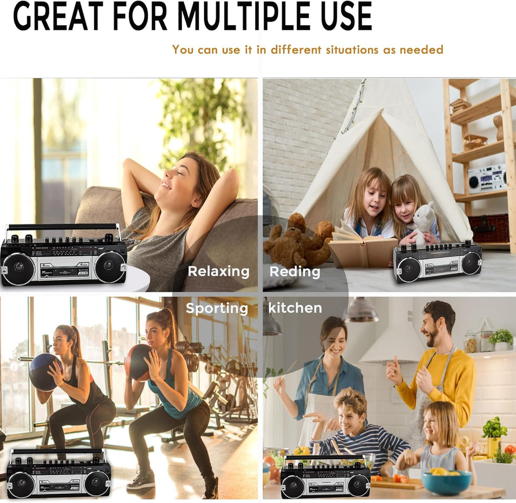 Black Retro Bluetooth Boombox Radio Cassette Player Recorder F43127