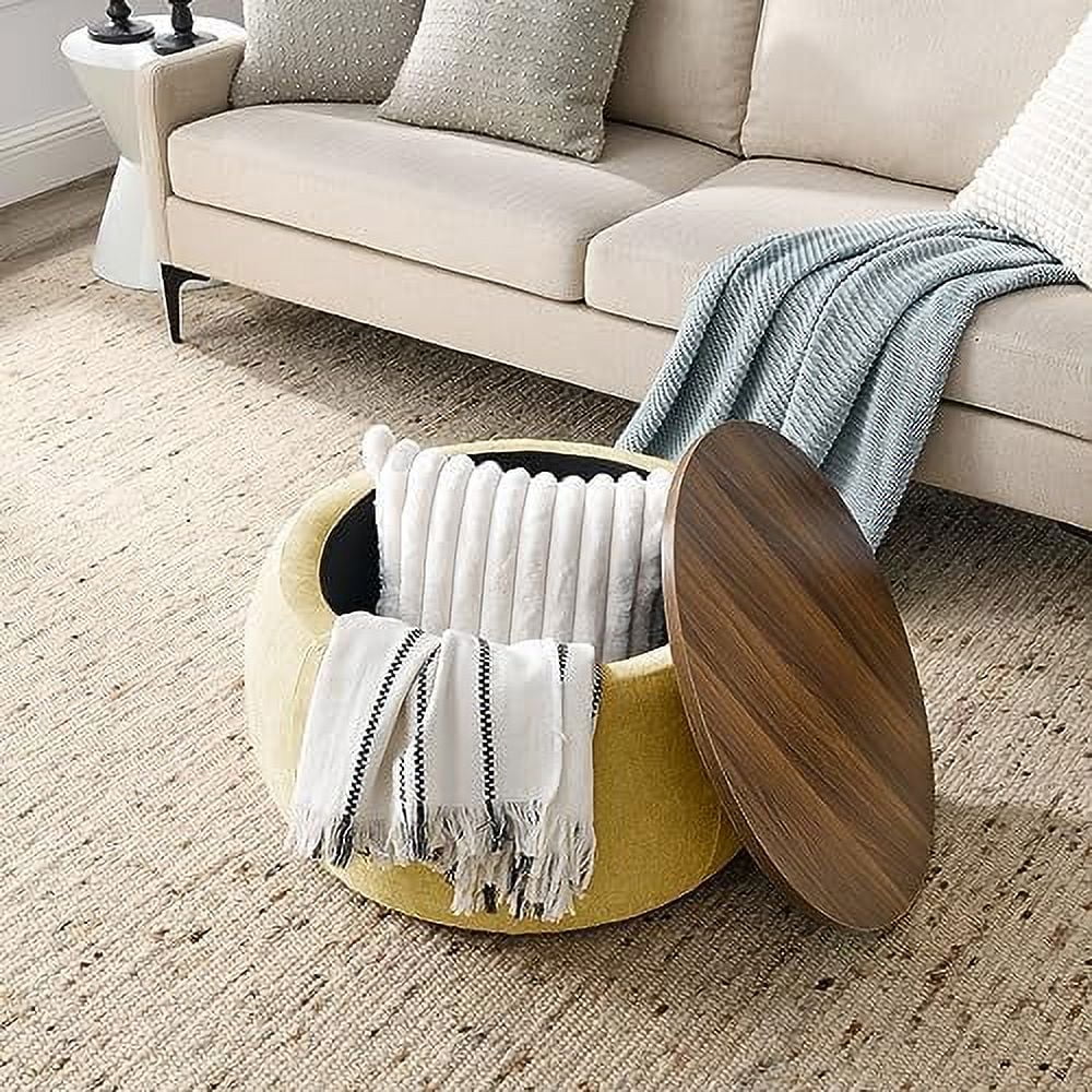 Light Gray Round Ottoman with Wooden Lid C580790