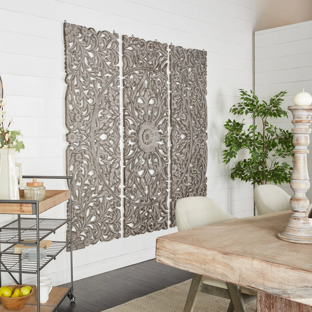 Handmade Gray Carved Floral Wall Décor, Set of 3 X41497