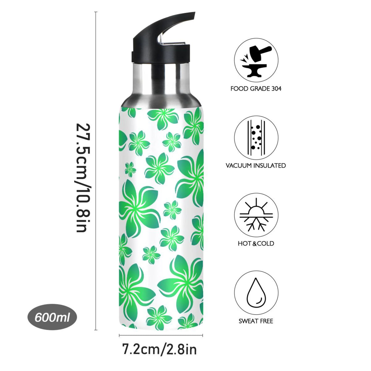 Green Stainless Steel Insulated Water Bottle with Straw Lid J516689