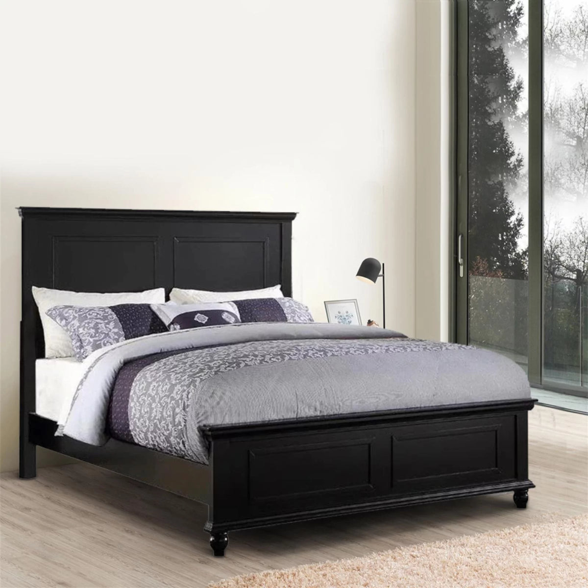King Wooden Bed Dark Walnut Veneer White B117221