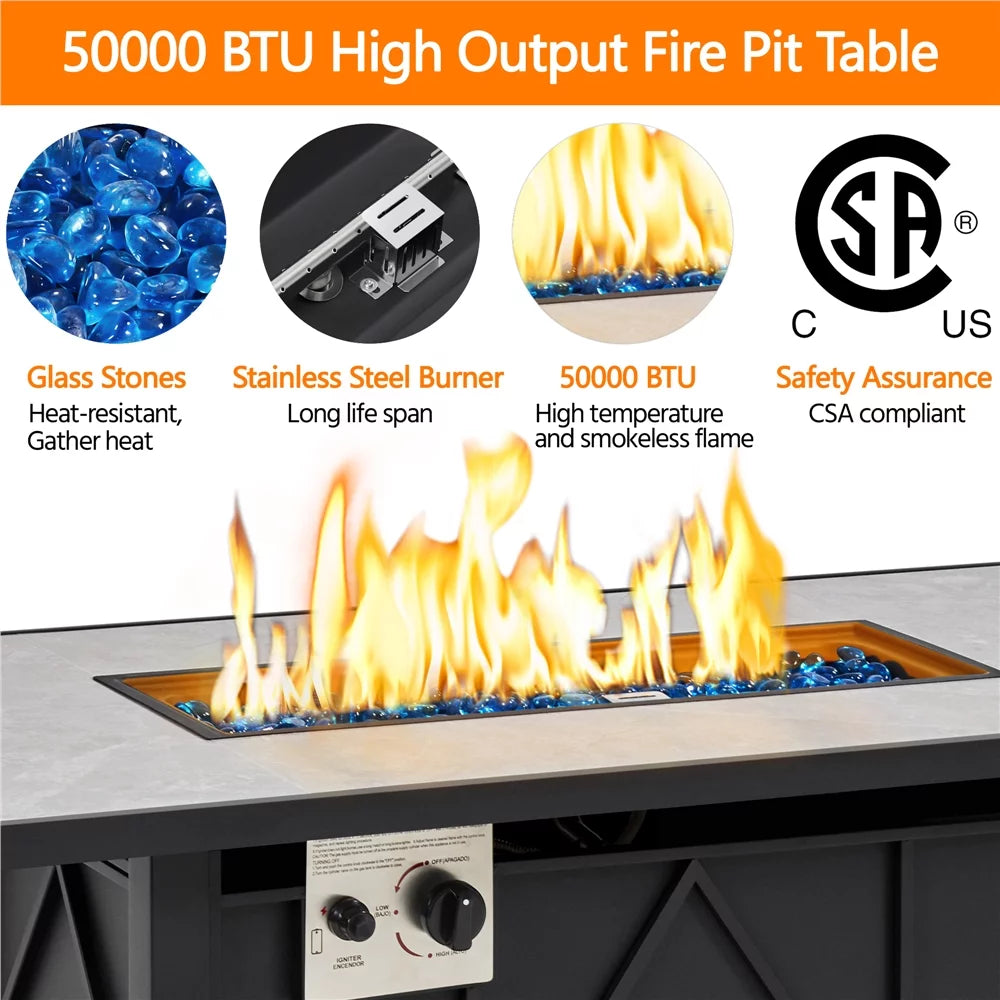 43in Propane Fire Pit Table with Ceramic Tabletop & Steel Base, Black E1001