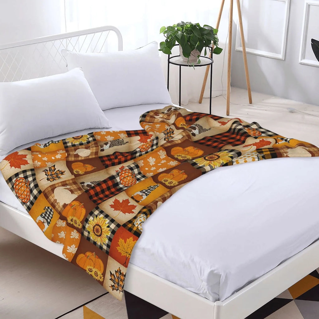 Pumpkin Turkey Maple Leaf Gnome Plaid Flannel Throw Blanket 50 X 40 Inch F23994