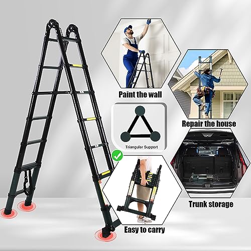 15.5FT Telescoping Aluminum Extension Ladder with Triangular Stabilizer 330 lbs Load T7609