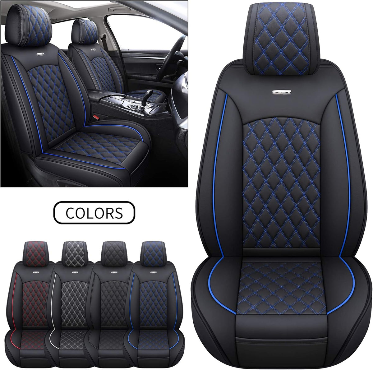 Waterproof Leather Car Seat Covers Full Set Black-Blue E28411