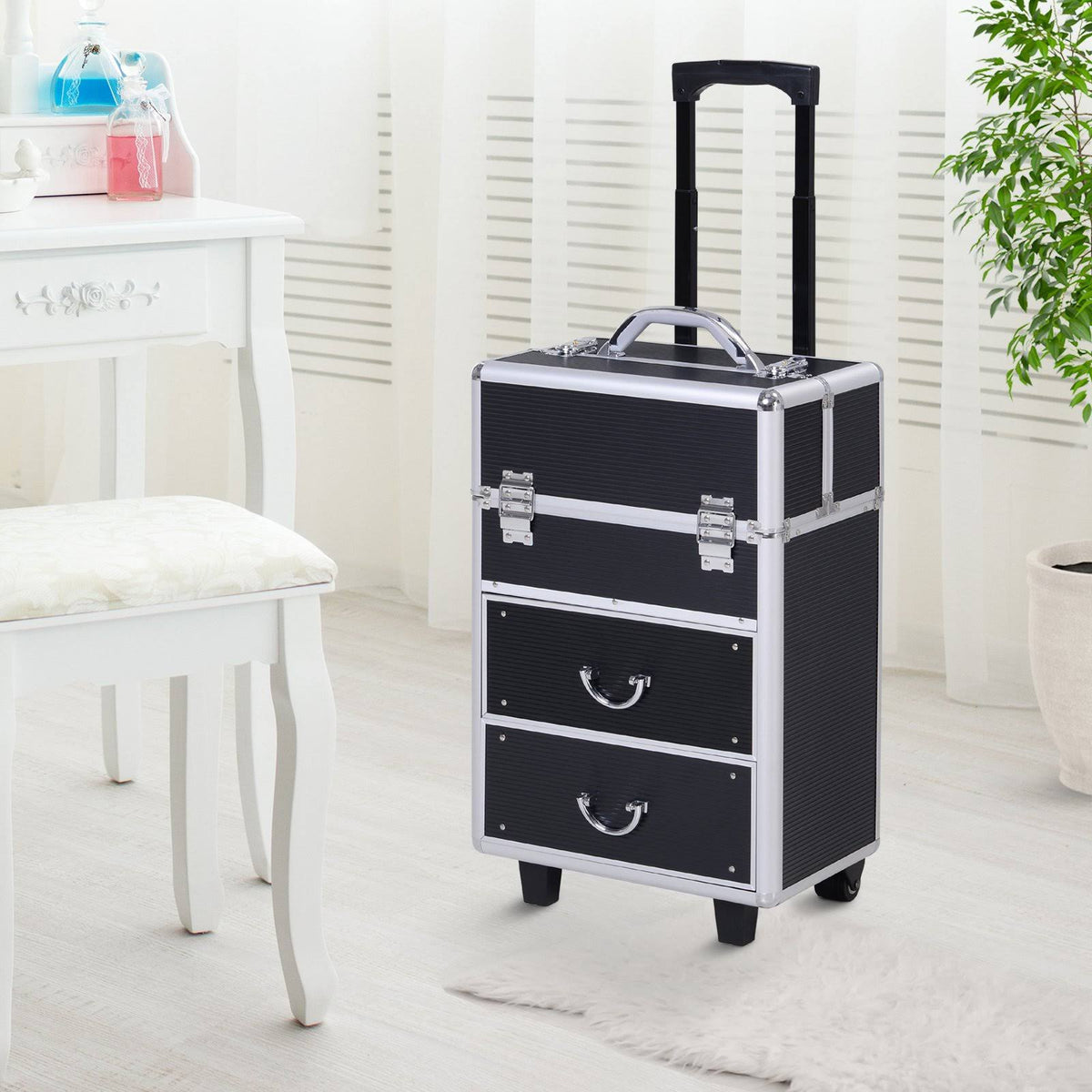 4 Tier Lockable Cosmetic Train Case with Extendable Trays Black B14608