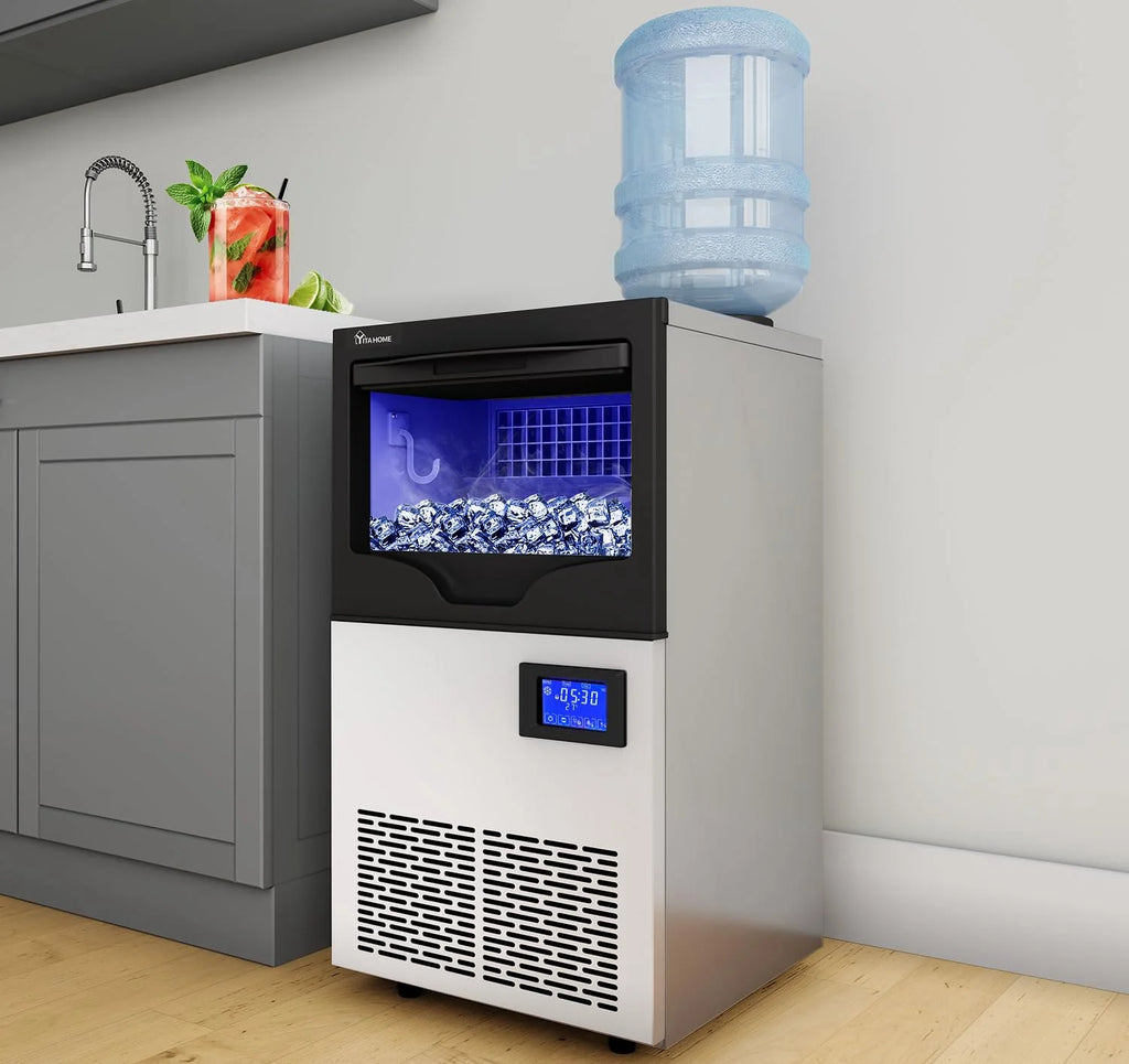 Commercial Ice Maker Machine 100lbs/24h with 33lbs Storage Bin, Stainless Steel Ice Scoop, Blue Light, Freestanding Ice Machine Water Bottle C664113