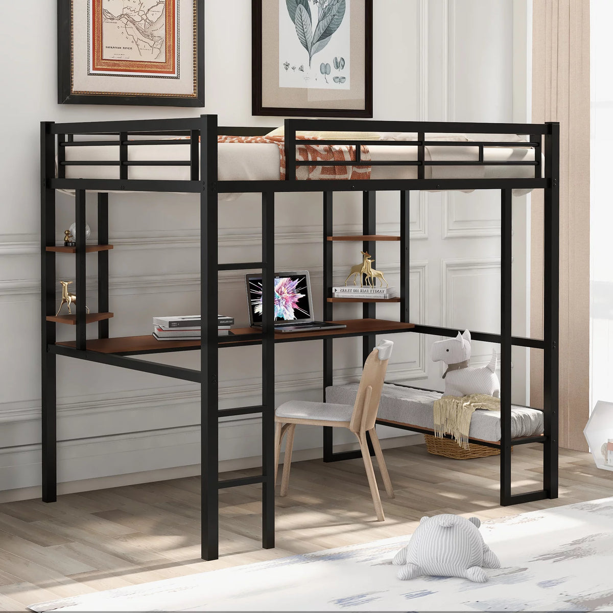 Black Full Metal Loft Bed with Desk and Storage Shelves Y61260