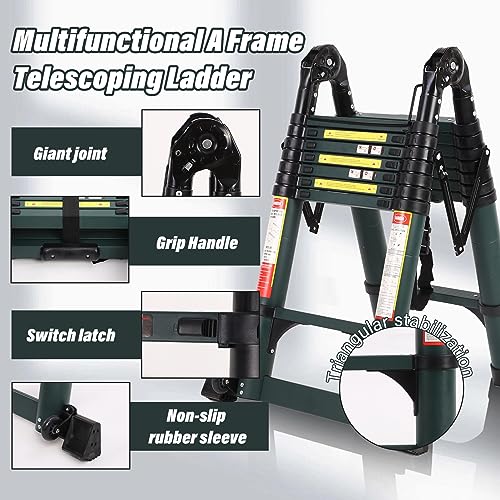15.5FT Telescoping Aluminum Extension Ladder with Triangular Stabilizer 330 lbs Load T7609