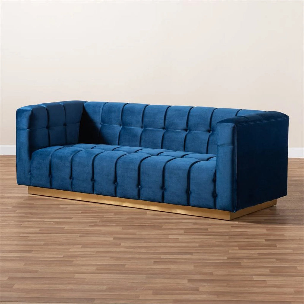 Navy Blue Gold Velvet Upholstered Sofa T5329