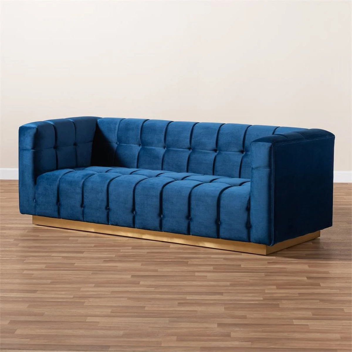 Navy Blue Gold Velvet Upholstered Sofa T5329