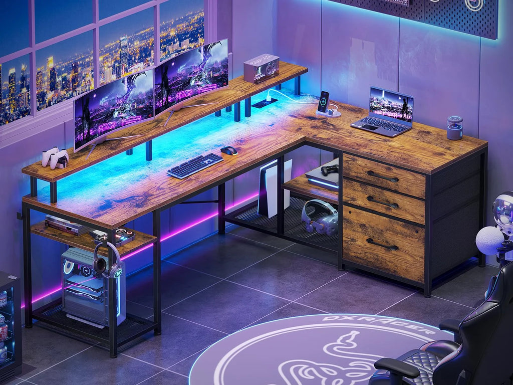 L Shaped Computer Desk with LED Lights and Power Outlet H407823