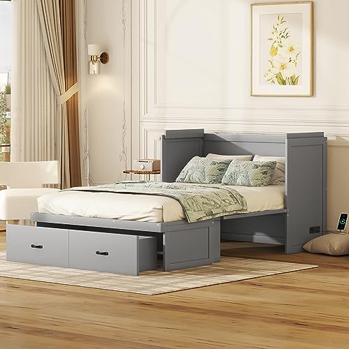 White Queen Size Foldable Wood Wall Bed Frame with Shelves and LED Lights Z620738