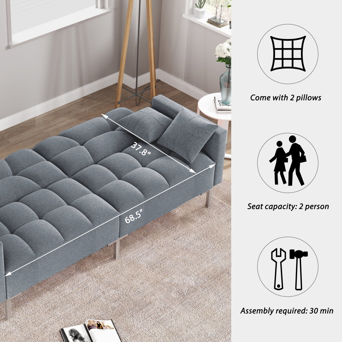 75" W Sectional Sofa Convertible Folding Futon Sofa Bed 3 Seat Couch with Linen Fabric P558