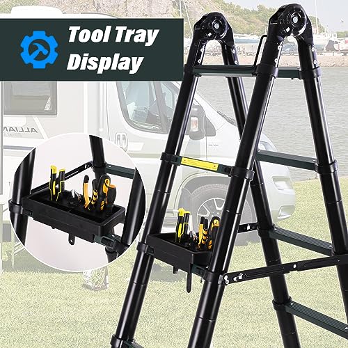 15.5FT Telescoping Aluminum Extension Ladder with Triangular Stabilizer 330 lbs Load T7609