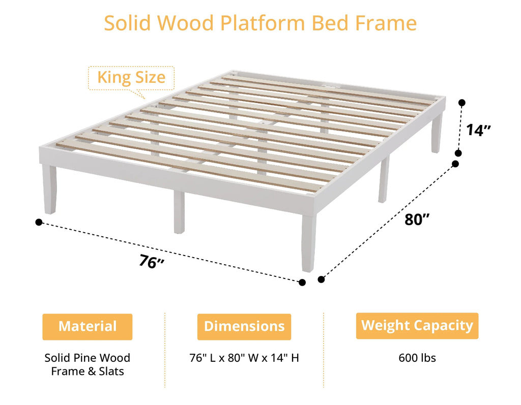 King Solid Wood Platform Bed Frame with Wooden Slats Z915273