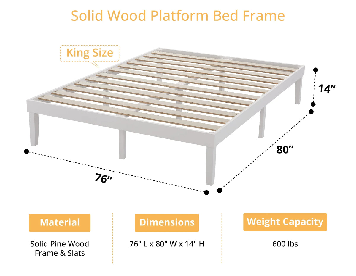 King Solid Wood Platform Bed Frame with Wooden Slats Z915273