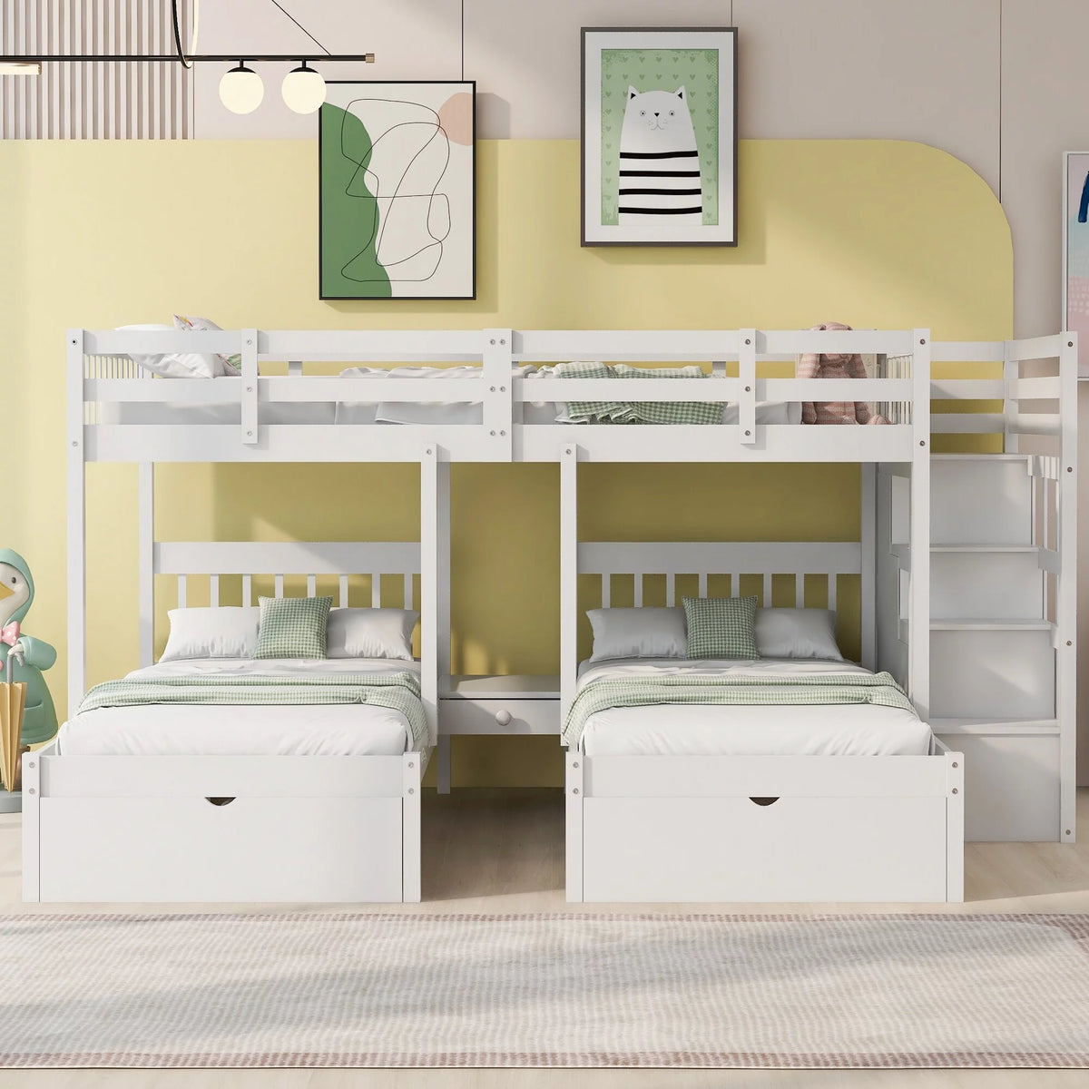 White Wood Triple Bunk Bed with Guardrails Z4341