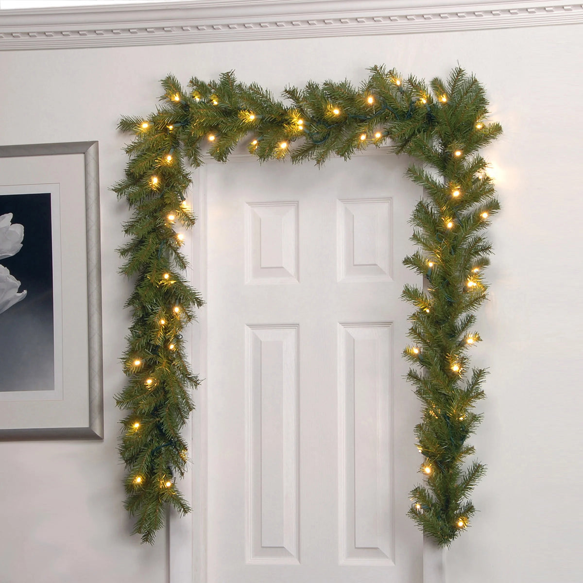 Pre-Lit Artificial Christmas Garland, Green, Norwood Fir, White Lights, 9 Feet U9466