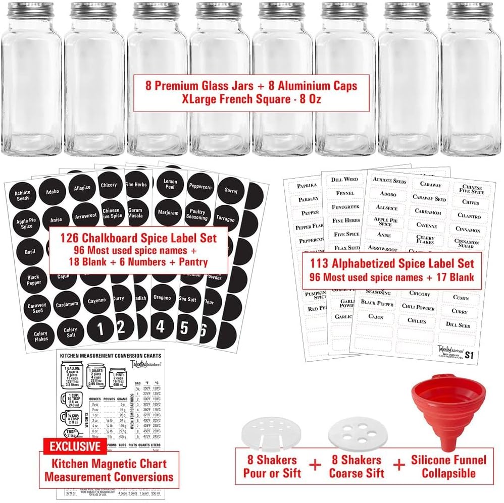8 XLarge 8oz Glass Spice Jars with Airtight Cap and Shaker P23637
