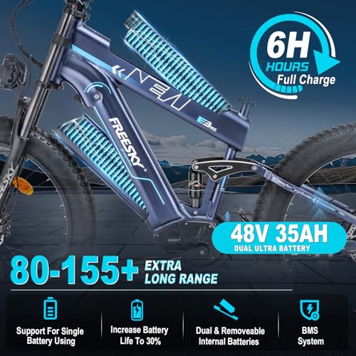 Dual Battery 48V 35AH 2000W 80-155 Miles Electric Bike 26" Fat Tire Full Suspension EBike with Dual Hydraulic Brakes E55336