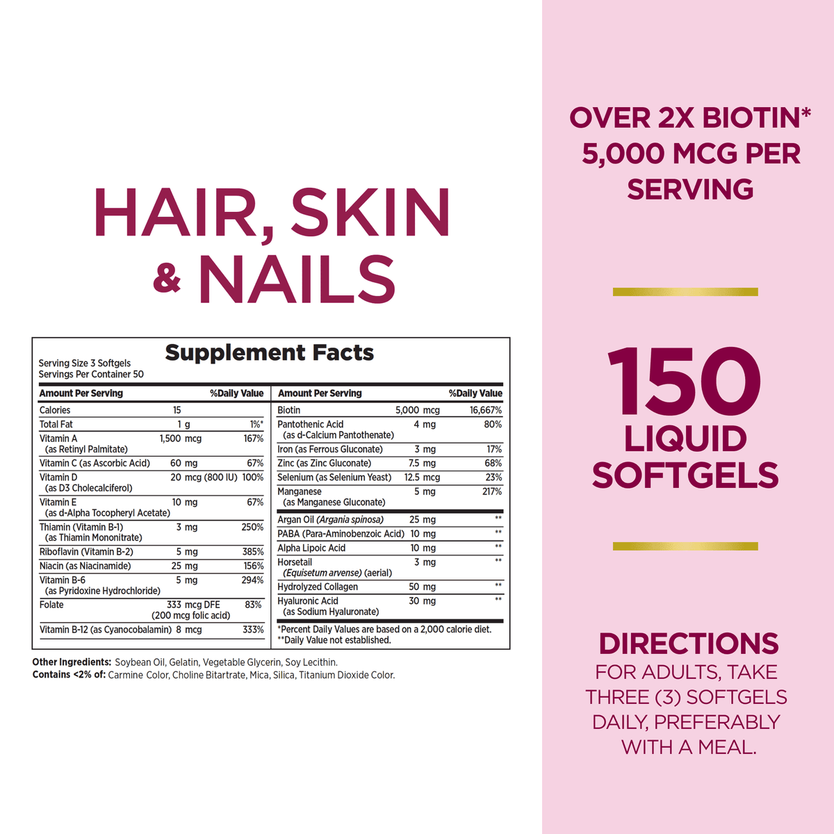 Advanced Hair, Skin and Nail Biotin & Vitamins A, C, & E Softgels, 150 Count L86608