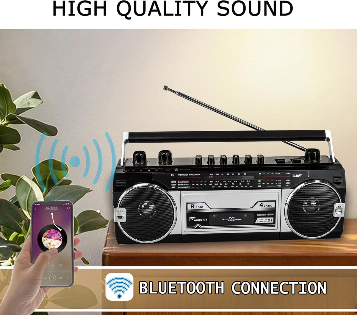 Black Retro Bluetooth Boombox Radio Cassette Player Recorder F43127