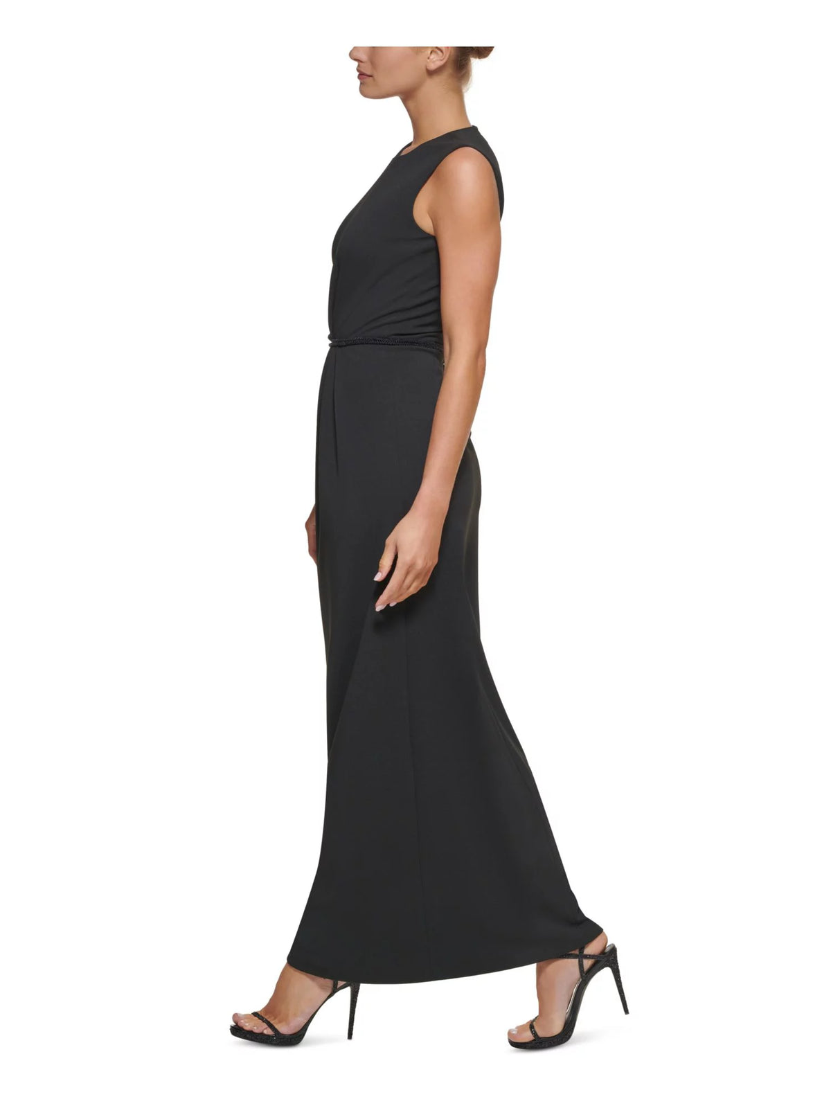 Black Stretch Beaded Zippered Back Slit Lined Sleeveless Round Neck Full-Length Formal Gown Dress O5349