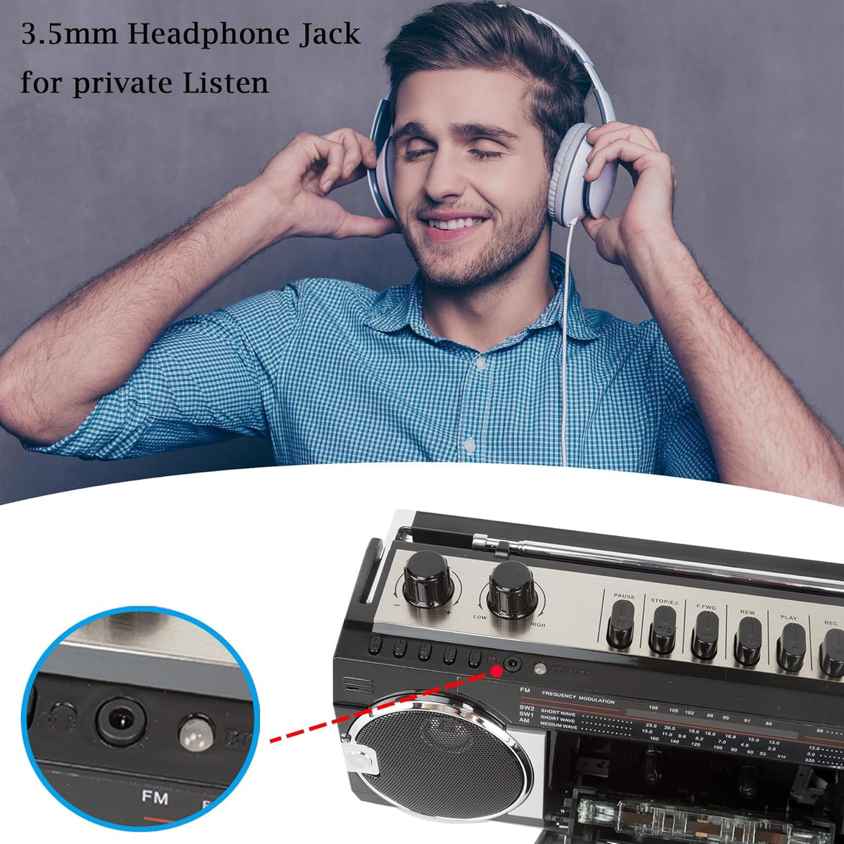 Black Retro Bluetooth Boombox Radio Cassette Player Recorder F43127