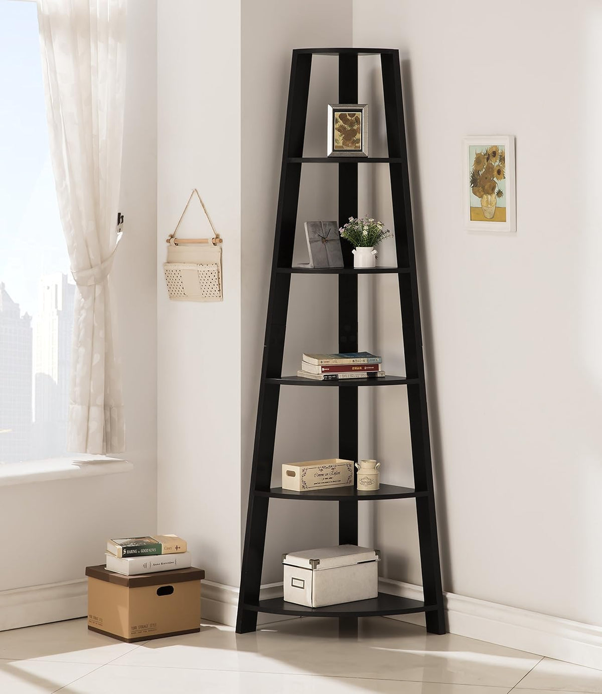 Black 5-Tier Wood Corner Bookshelf M4599